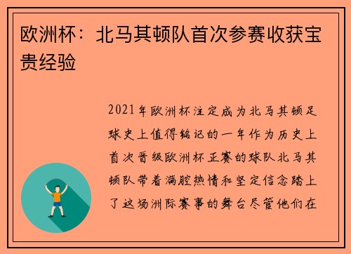欧洲杯：北马其顿队首次参赛收获宝贵经验
