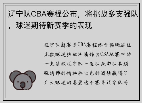 辽宁队CBA赛程公布，将挑战多支强队，球迷期待新赛季的表现